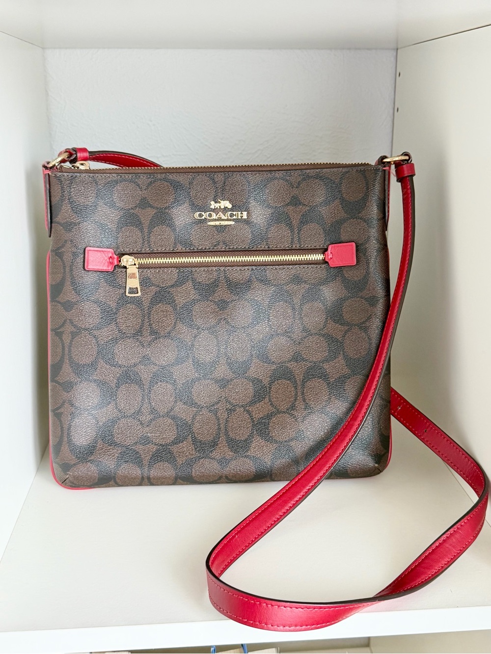 Coach Brown Signature Crossbody with Red Trim